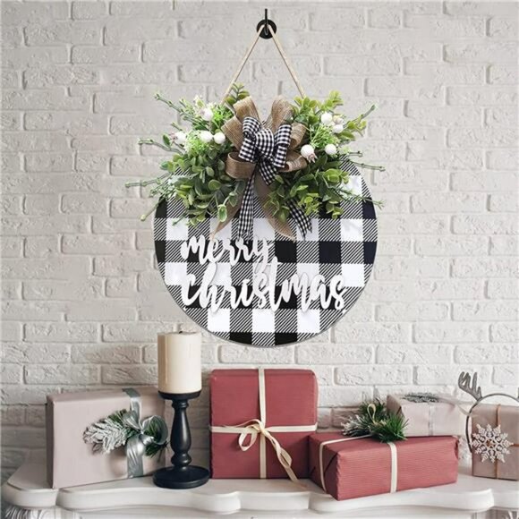 Christmas Wreath Signs, Wood Door Sign, Buffalo Plaid Front Door Decorations - Picture 5 of 7